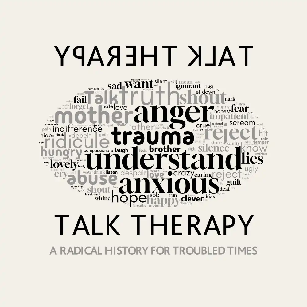 The front covers of Talk Therapy, depicting a word cloud relevant to psychotherapy.